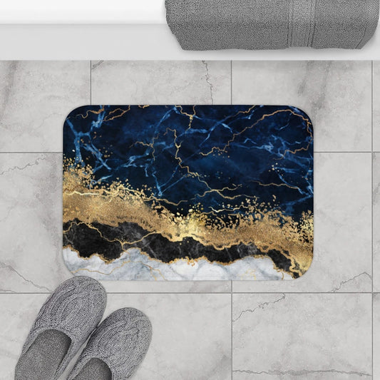 Navy Blue with Gold Marble Bath Mat, Modern Abstract Bathroom Decor