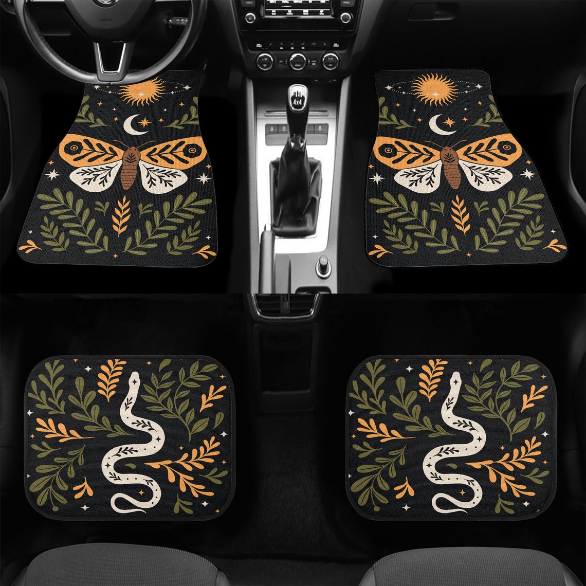 Celestial boho butterfly snake Car Mats, Magic Forest Mystical Witchcraft Car Decor