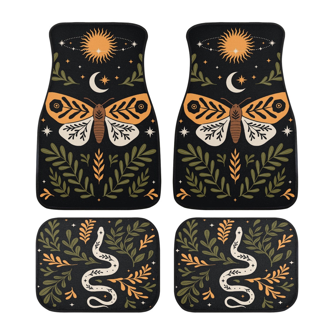 Celestial boho butterfly snake Car Mats, Magic Forest Mystical Witchcraft Car Decor