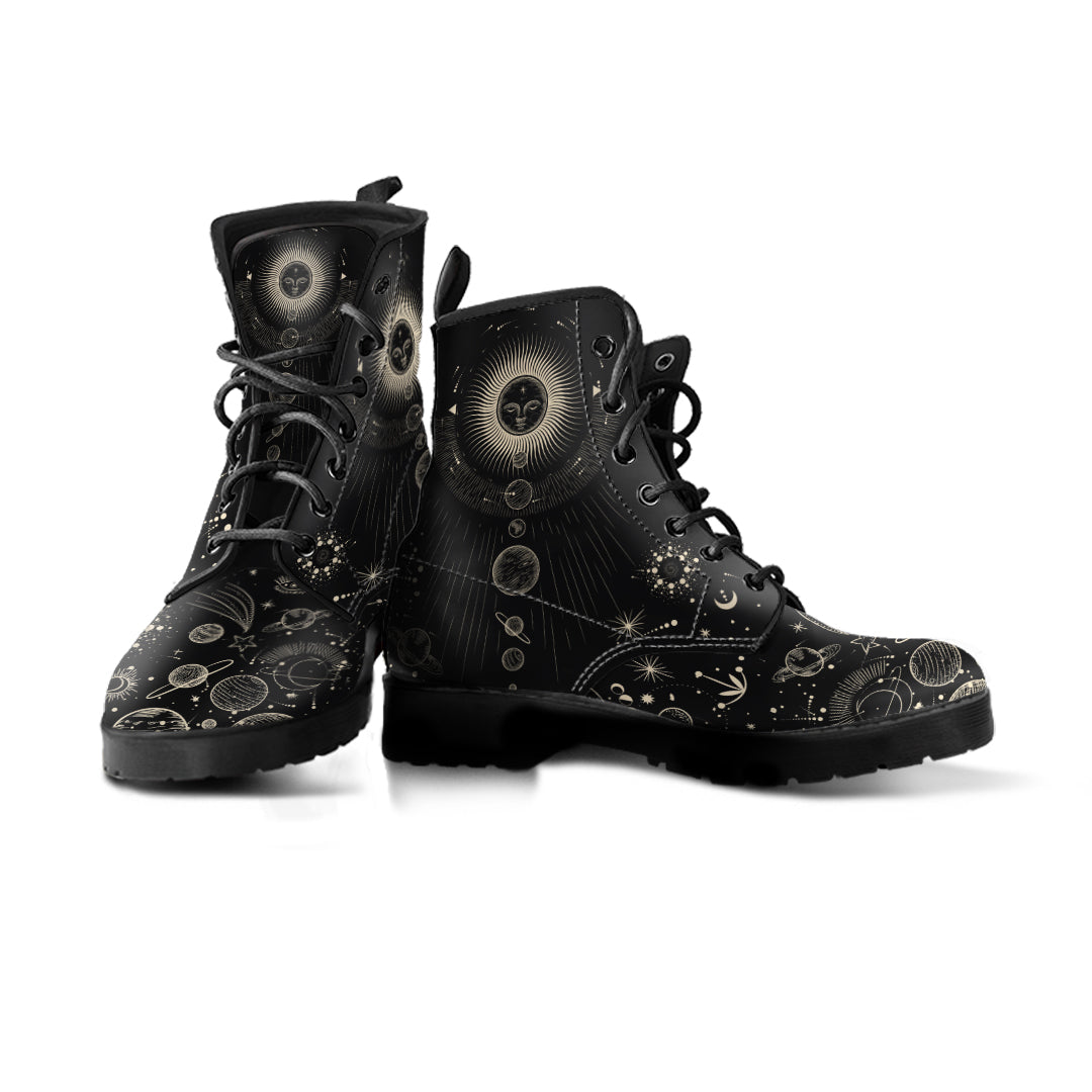 Sun Universe Vegan Leather Boots, Combat, Astronomy Lace Up, Universe celestial boots