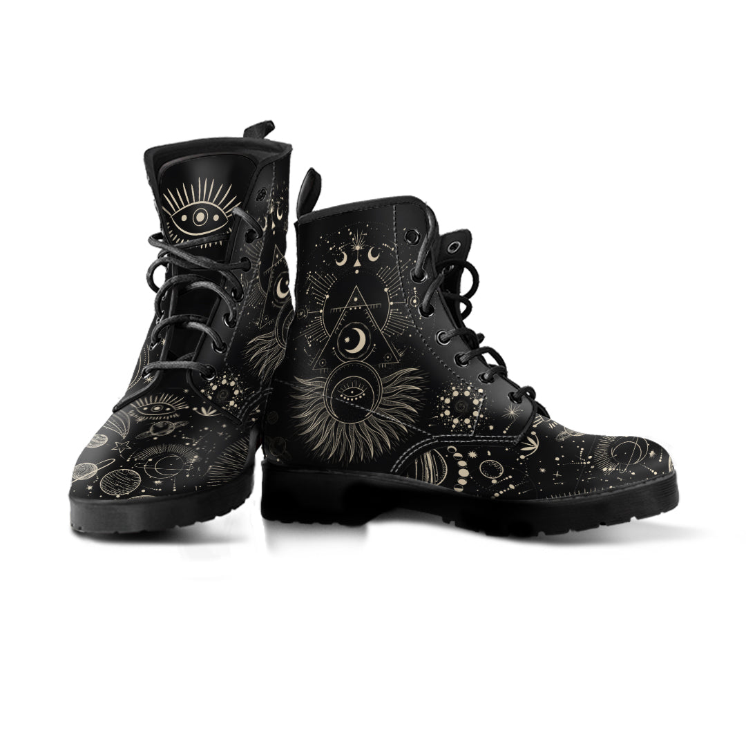 Cosmic all seeing eye Vegan Leather Boots, Combat, Astronomy Lace Up, Universe celestial boots