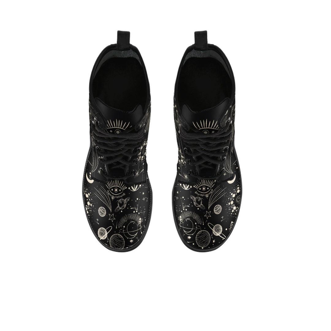 Cosmic all seeing eye Vegan Leather Boots, Combat, Astronomy Lace Up, Universe celestial boots