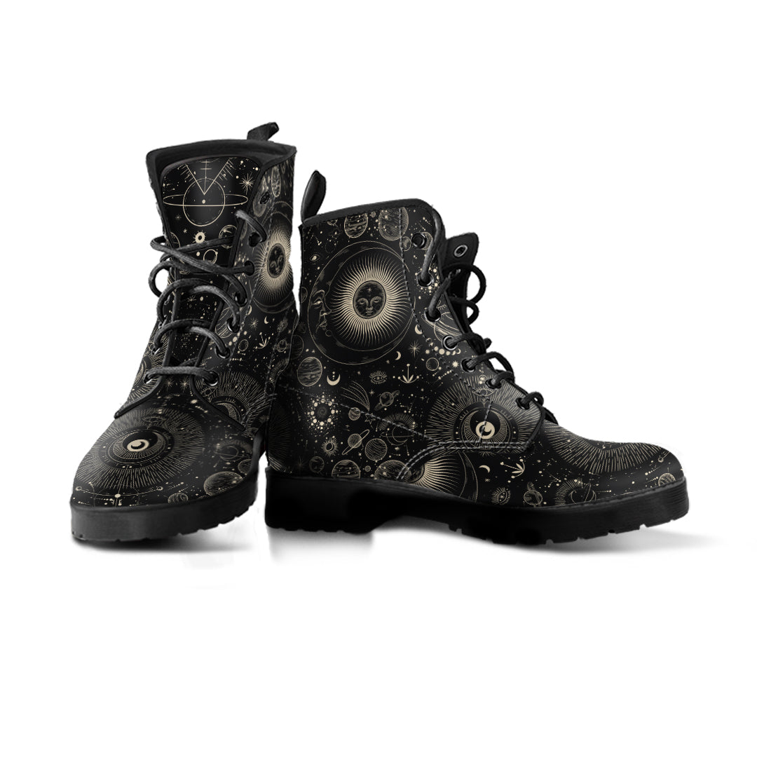 Moon Sun Vegan Leather Boots, Combat, Astronomy Lace Up, Universe celestial boots