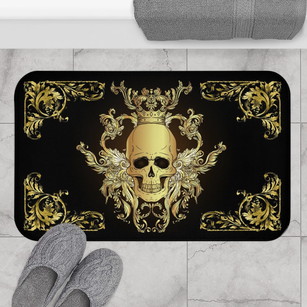 Golden Baroque Skull Bath Mat, gothic bathroom Decor