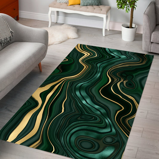 Emerald Green Golden Marble Area Rug(Mat), Modern Abstract Home Decor